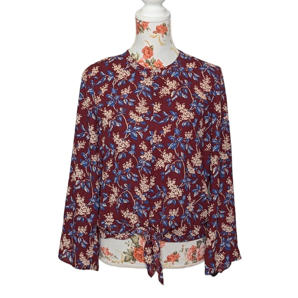 Madewell Sz S Burgundy Red Floral Blouse Long Sleeve Bow Bottom